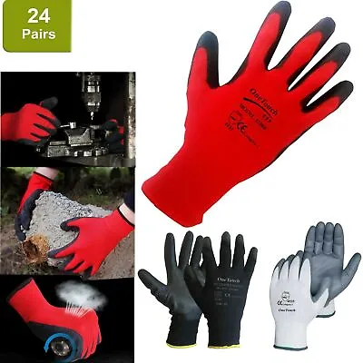 24 Pairs Nitrile Coated Safety Work Gloves Garden Grip Mens Builders Gardening • £6.99