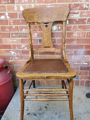 Vintage Oak Dining Chair Leather Seat Carved Back • $82.49