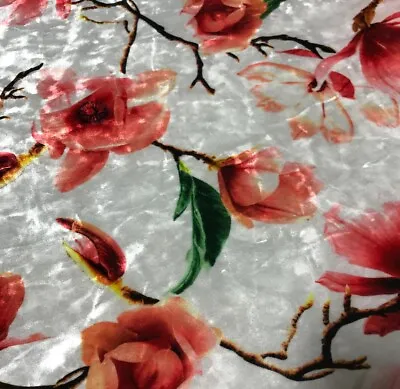 White & Coral Magnolia Floral - Stretch Polyester Velvet Fabric • $2.75