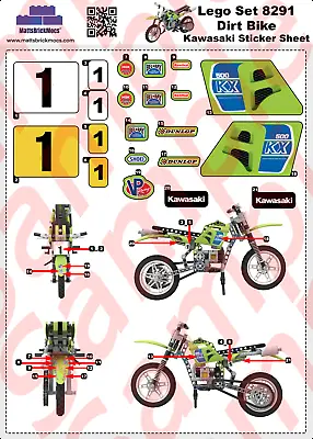 Lego Set 8291 Dirt Bike Kawasaki KX 500 Sticker Sheet Set. By Mattsbrickmocs.com • £6.99