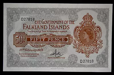 FALKLAND ISLANDS ELIZABETH II FEBRUARY 1974 UNC 50 PENCE BANKNOTE.        Y1e • £95