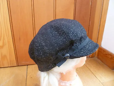 Monsoon Accessorize Black Silver Sparkle Bow Detail Baker Boy Peaked Hat Cap New • £9.99