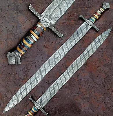 Custom Handmade Forged Damascus Steel Hunting Viking Real Long Sword • $169.99