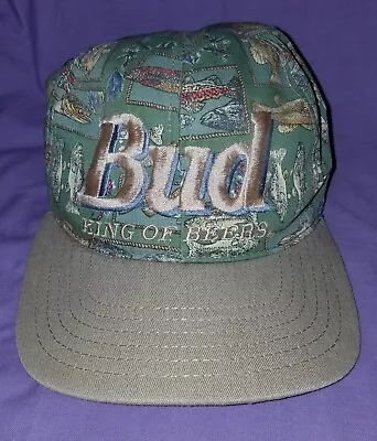 Vintage 90s BUD King Of Beers Fish Snap Back Trucker Hat Budweiser Trout Cap USA • $27.99
