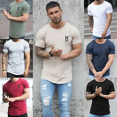 BBH Designer Mens Slim Fit Muscle T Shirt Gym Fitness Plain Curved Hem Tee Top • £10.99