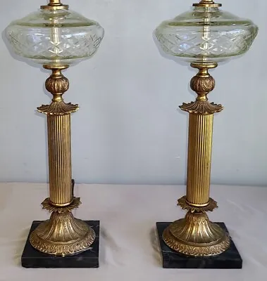 2 Gilt Brass Column Table Lamps Cut Crystal Fonts Marble Base Vintage Classical • $124.99