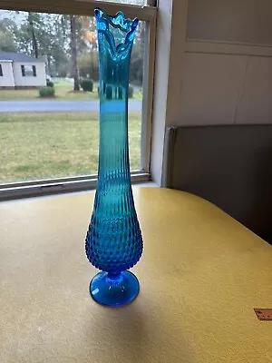 MCM Fenton Glass Colonial Blue Swung Hobnail 20  Pedestal Vase Chipped Broken • $50
