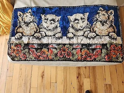 Vintage Italian CATS Wall Hanging Boho Tapestry 19 X38  Rich Blue Background  • $64.99