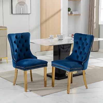 Set Of 2 Velevet Upholstered Dining Chairs W/ Gold Stainless Steel Legs Blue New • $209.99