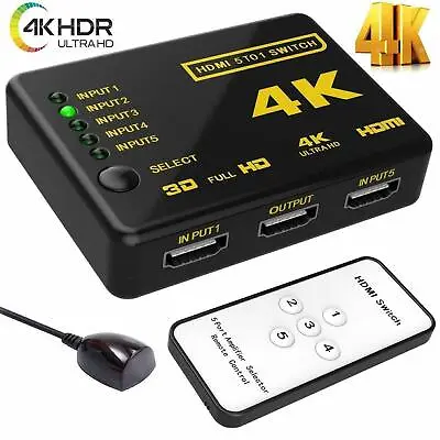 4K HDMI Switch Switcher 5 Port Splitter Hub IR Remote For HDTV PS3 5 In 1 Out UK • £6.99