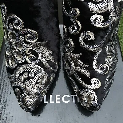 Wallis Chayenne Slip On High Heel Stiletto Shoes UK 4 Black Velvet Sequin Floral • £24.99
