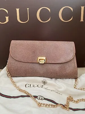 Vintage Gucci Lizard Clutch Evening Bag Leather Exotic Snake Chain Strap Added • $375