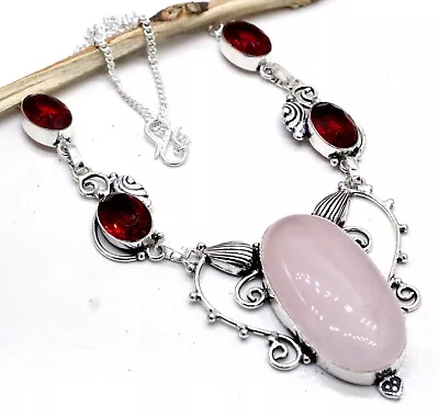 925 Sterling Silver Rose Quartz & Garnet Gemstone Jewelry Necklace Size-17-18  • $19.99