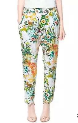 ZARA Trafaluc White W Floral Bird Pleated Elastic Waist Pockets Pull On Pants M • $4.99