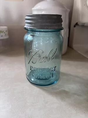 Vintage Ball Perfect Mason Blue Glass #7 Pint  Canning Jar With Ball Zinc Lid • $5