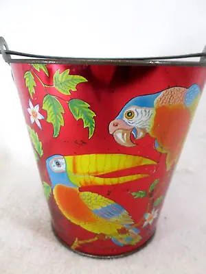 Vintage 1960's Ohio Art Tin Metal Sand Beach Pail Bucket Toucan Parrot Tropical • $28.99