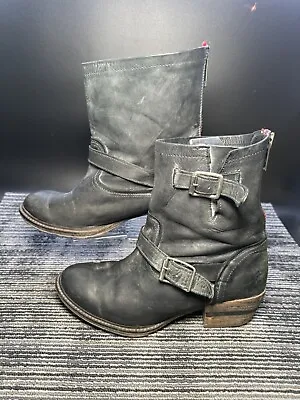 Freebird By Steven Women’s 9 Black Crue Mission Boots Leather Distressed Buckle • $95.62