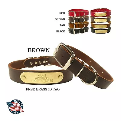 Warner Cumberland Leather Dog Collar Brown 1  X 21  Free Engraved Brass Id Tag • $20.95