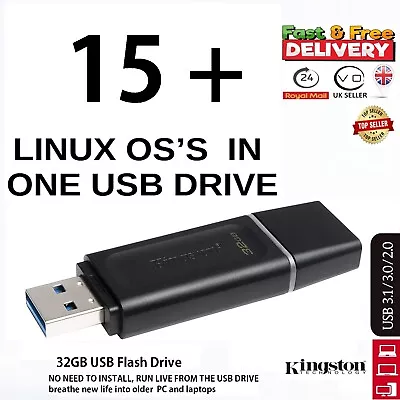15+ Linux OS In  64GB USB Drive Live RUN OR INSTALL Ubuntu Mint Kali Tails LOTS • £11.99