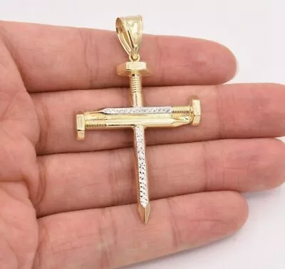 2.5  Screw Nail Cross Charm Pendant Diamond Cut Real 10K Yellow White Gold • $269.49