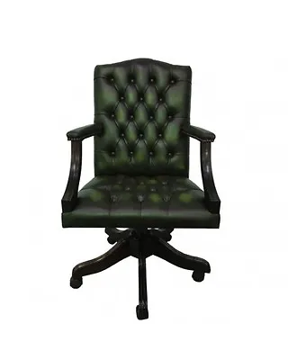 Chesterfield Leather Gainsborough Antique Green Swivel Office Chair UK Made • £759.89