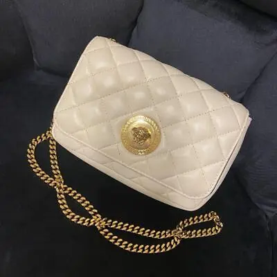 GIANNI VERSACE Chain Quilted Style Shoulder Bag Medusa Leather Ivory • $575