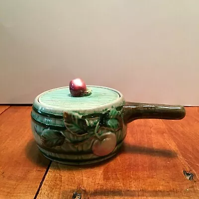 Vintage Majolica Covered Dish With Handle And Lid. Barrel Design With Apple A-10 • $24.88