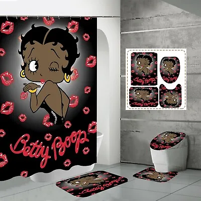 $61.88 • Buy Black Betty Boop Bathroom Shower Curtain Toilet Seat Cover & Rugs Set