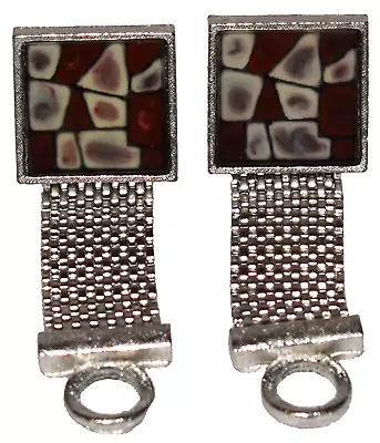 Vintage Dante Silvertone Mesh Wrap Red & White Mosaic Square Pair Of Cufflinks • $15