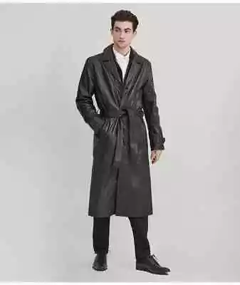 Original Lambskin Leather Black Long Trench Coat Robe Handmade Fashion Formal • $157.50