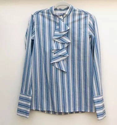 Jw Anderson Uniqlo Cotton Blue White Stripe Jabot Ruffle Frill Shirt Blouse Xs • £9.99