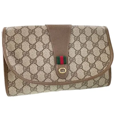 GUCCI Old Gucci Sherry Line PVC Leather Beige Brown Clutch Bag 1514 • $157.50