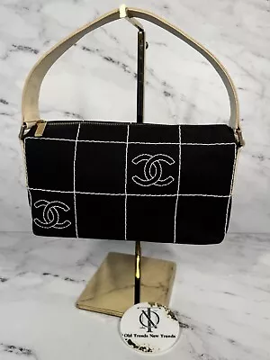 Chanel Vintage 00s Black & White Canvas Chocolate Bar Pochette Bag • $999.99