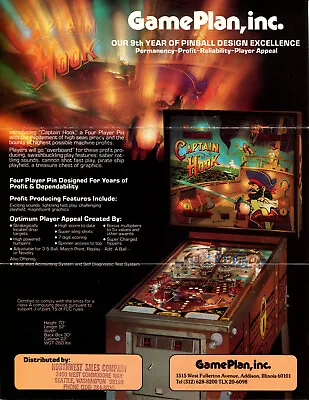 Captain Hook Game Plan Pinball Flyer / Brochure / Ad  • $3.95