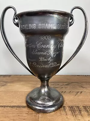 Vintage 1909 Bowling Loving Cup Trophy Riverton CC Adelphi Silver Plate 7” Tall • $24.50