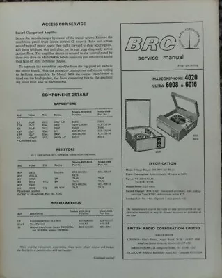 Marconiphone 4020 Ultra 6008 6012 Portable Record Player Service Manual • $14.93