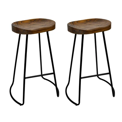 $144.24 • Buy Artiss Set Of 2 Elm Wood Backless Bar Stools 65cm - Black And Dark Natural