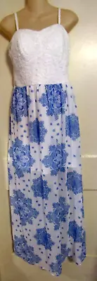A.u.w. Blue Floral /white Lace Halter Top Long Dress Lined L • $14.99