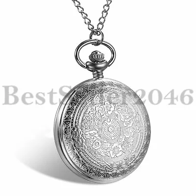 Vintage Pocket Watch Quartz Pendant Necklace Steampunk Carved Pattern 24H Dial • $10.99