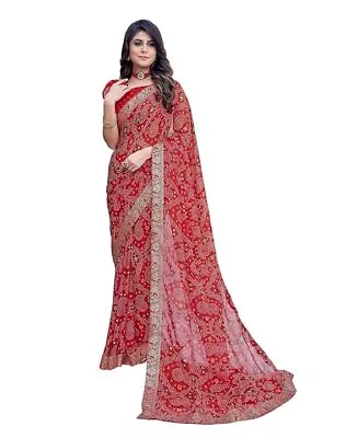 Women's Trendy Jacquard Lace Printed Georgette Saree With Blouse Piece Red • £23.40