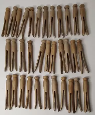 34 Vintage Wooden Clothes Pins Round Head Flat Top Wood • $12