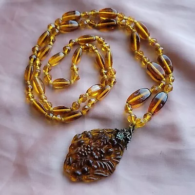 Antique Amber Citrine Colored Glass Beaded Necklace With Molded Glass Pendant • $39.99