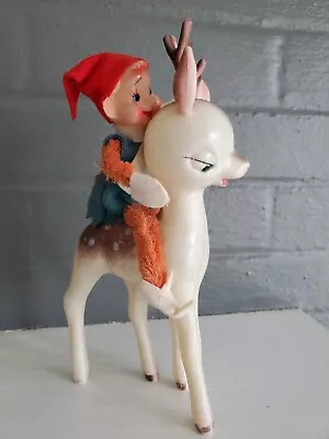 Vintage Soft Blow Mold Plastic Reindeer With Pixie Elf Christmas Figure Japan  • $24