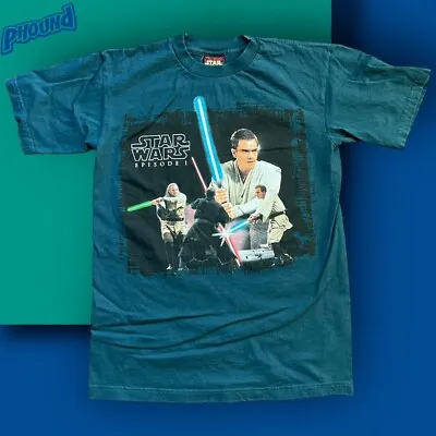 Vintage Star Wars Episode 1 Blue T-shirt Size M 90s Graphic Obiwan Qui Gon Jinn • $44.99