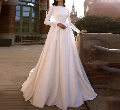 Elegant Satin Muslim Wedding Dresses O-Neck Long Sleeves A Line Bridal Gowns • $138.79