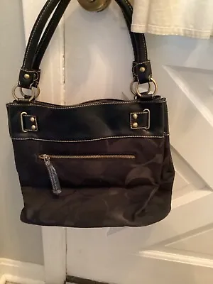 Coach Black Pebble Leather / Canvas Shoulder Bag Purse Gold Hardware • $134.87