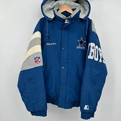 Vintage 90s Starter Cowboys Puffer Jacket Coat Dallas Football XL Hooded Flaws • $89.99