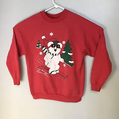 Red Snow Bear Skiing Christmas Sweatshirt Vintage 90s Harbor Light XL Xmas • $19.90