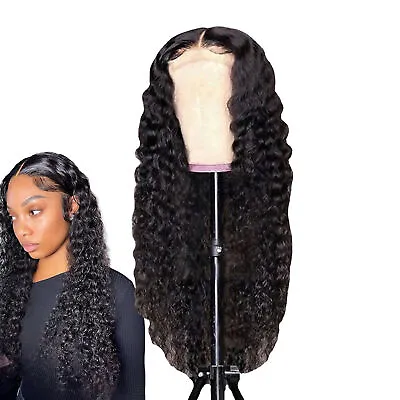 30Inch Deep Wave Frontal Wig Lace Frontal Human Hair Wigs Natural Hairline Curly • £23.27