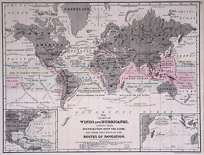 Old 1878 Mitchell's School Atlas Map ~ WINDS & HURRICANES AROUND The WORLD • $20.68